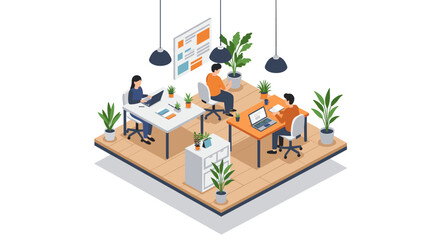 Poster - Modern office workspace with diverse team in isometric design