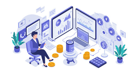 Poster - Isometric business analytics scene with charts, coins, and ai elements