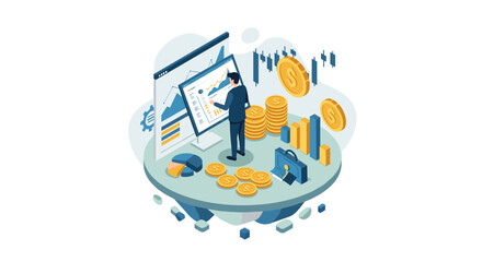 Poster - Business analyst examining financial data with 3d charts and coins
