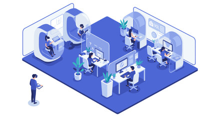 Poster - Isometric modern office space with people working on computers