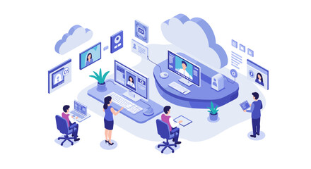 Poster - Isometric remote team collaboration in modern digital workspace