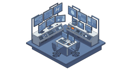 Poster - Modern control room with multiple monitors in isometric design