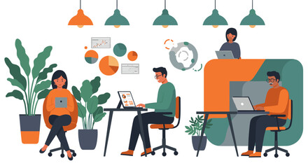 Poster - Modern office scene with diverse employees working in a creative environment