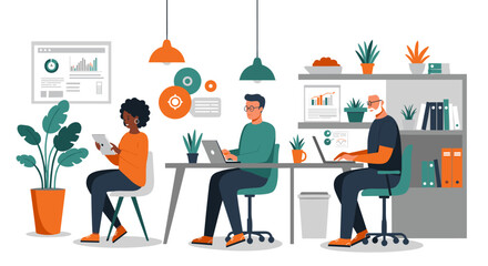 Poster - Modern office workspace with diverse team using technology at desks