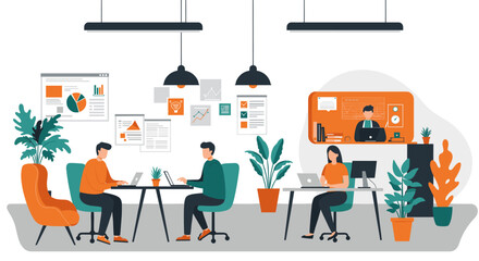 Poster - Modern office workspace with people working at desks in a flat design