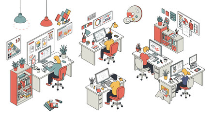 Poster - Creative team working in modern office with isometric design and flat colors