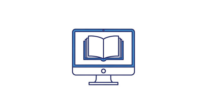 A blue outlined computer monitor displaying an open book on a white background illustration ai generated
