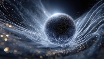 dark sphere surrounded by swirling, luminous strands in a cosmic nebula