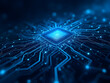 © Amina Graphics IT - Detailed Digital Illustration of a Central Processing Unit on a Circuit Board Glowing Bright Blue with Intricate Wiring and Illuminated Nodes a Close Up View Showing