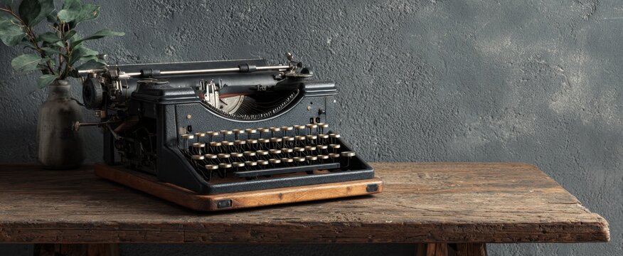 An antique writing machine rests on a rustic wooden table, evoking a sense of nostalgia and the enduring power of the written against a textured
