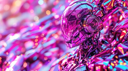 Futuristic robot figure with pink hues, surrounded by a blurred, vibrant background