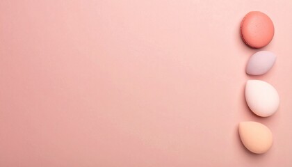 Poster - Arrangement Of Pastel Makeup Sponges And A Macaron On A Dusty Pink Gradient Background With Fine Grain Dust And Noise