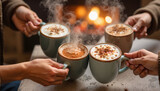 Friends toasting with mugs of hot cocoa by cozy fireplace  