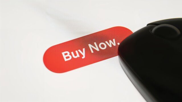 Closeup of a computer mouse clicking a red buy now button on a white background