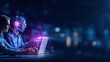 © hack - A woman collaborates with a holographic AI robot on a laptop, symbolizing futuristic technology and human-machine interaction.
