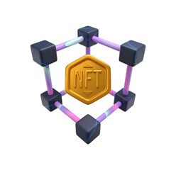 Poster - Abstract 3D NFT rendering:  gold token in vibrant neon cube network.
