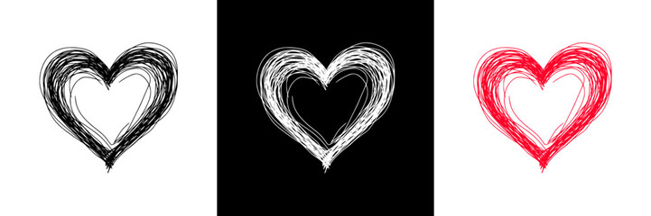 Poster - Heart shapes drawn in black, white, and red on transparent and black backgrounds, isolated vector image, hand drawing style, image set  