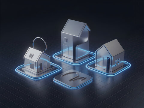 Isometric 3 D Render of Four Metallic Silver Houses on Dark Grid with Blue Neon Accents Central Key Icon