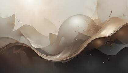 Poster - Abstract flowing shapes in shades of beige, cream, and brown create a dynamic, wave-like composition with a smooth, luminous sphere.