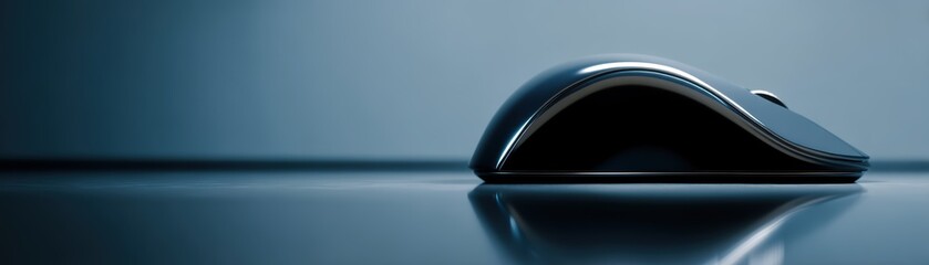 Poster - Sleek black computer mouse resting on a reflective surface with a smooth, modern design and a blue-toned background, clean mouse