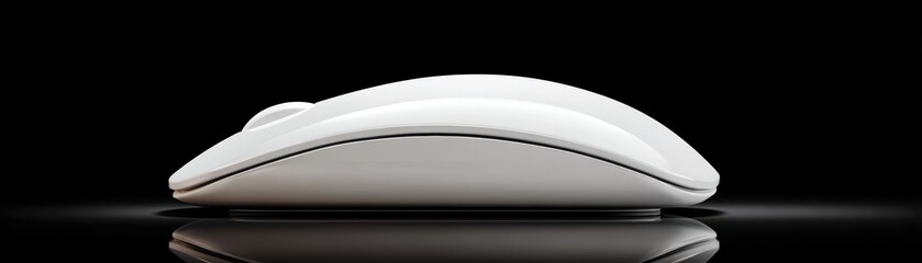 Poster - A sleek, modern white wireless computer mouse on a reflective black surface with a minimalist design, clean mouse