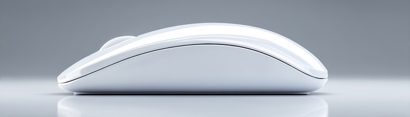 Poster - Sleek white wireless computer mouse with a smooth curve sits on a reflective surface against a gray background, clean mouse