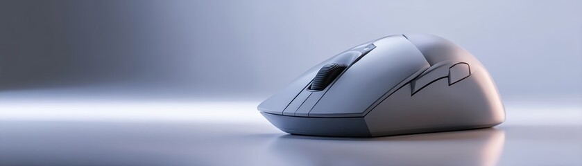 Poster - A sleek, modern wireless computer mouse on a reflective surface with a minimalist gradient background, clean mouse