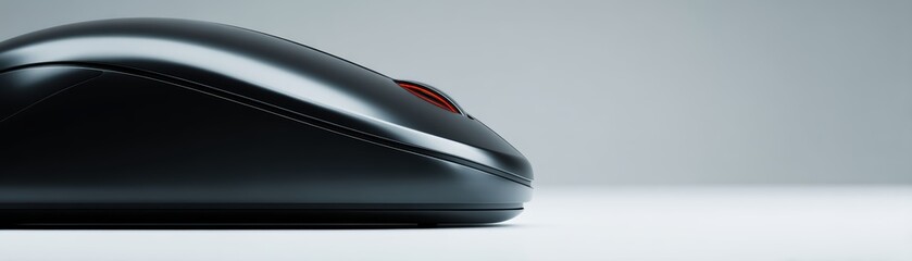 Poster - A sleek black computer mouse with a red scroll wheel sits on a white surface with a soft gradient background, clean mouse
