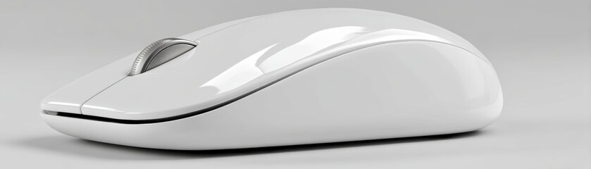 Poster - A sleek, modern white wireless computer mouse with a glossy finish and a scroll wheel, resting on a reflective surface against a neutral background, clean mouse