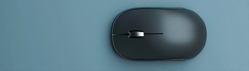 Poster - A sleek black wireless computer mouse on a smooth blue surface, showcasing a minimalist and modern design, clean mouse