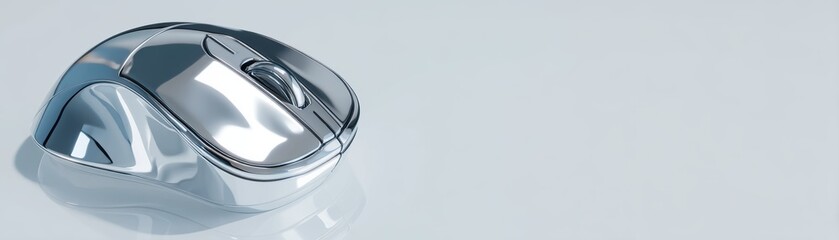 Poster - A sleek, modern, chrome computer mouse reflecting light on a glossy surface against a minimalist gray background, clean mouse