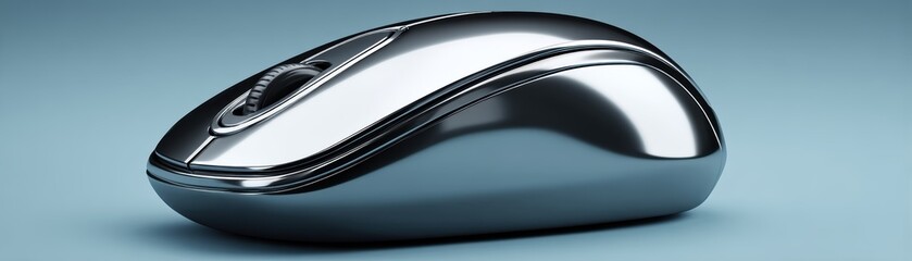 Poster - Sleek, metallic wireless computer mouse with a futuristic design on a smooth, light blue surface, clean mouse