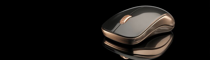 Poster - Sleek black and gold wireless computer mouse with reflective surface on a glossy black background, clean mouse