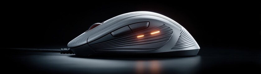 Poster - Sleek, futuristic wired computer mouse with aerodynamic design and glowing orange LED lights on a dark background, clean mouse