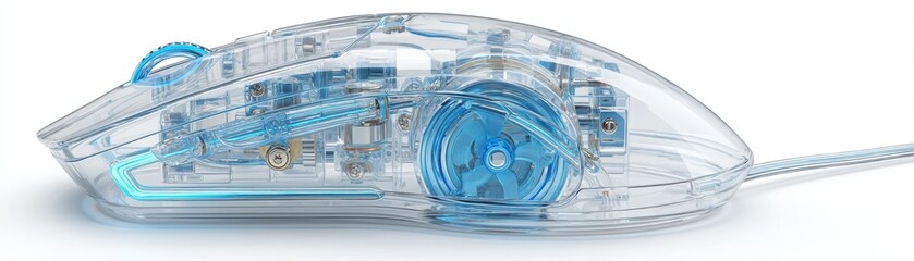 Poster - Transparent computer mouse showing detailed internal components with blue accents and mechanical parts in a modern, digital design, clean mouse