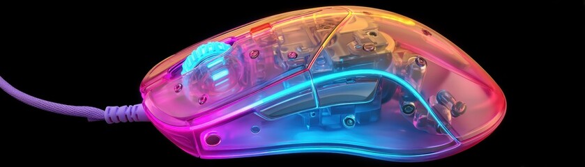 Poster - A transparent computer mouse with visible internal components, illuminated by vibrant purple, pink, and blue LED lighting on a black background, clean mouse