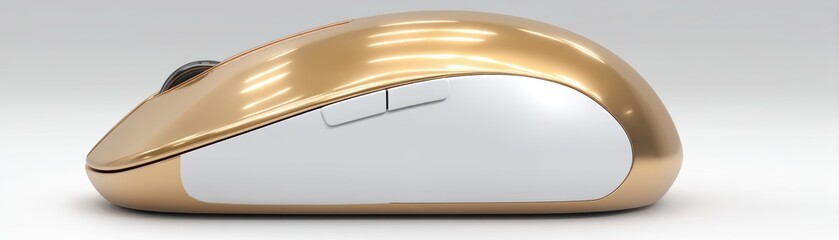 Poster - Sleek, gold-colored wireless computer mouse with ergonomic design shown in side profile on a white background, clean mouse