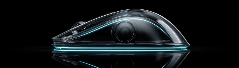 Poster - A sleek, transparent computer mouse with an illuminated blue accent glows against a black reflective surface, clean mouse