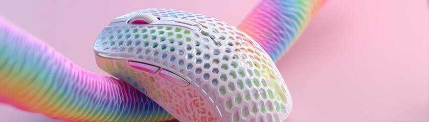 Poster - A futuristic, honeycomb-patterned computer mouse resting on a pastel pink surface with two rainbow-colored cables, clean mouse