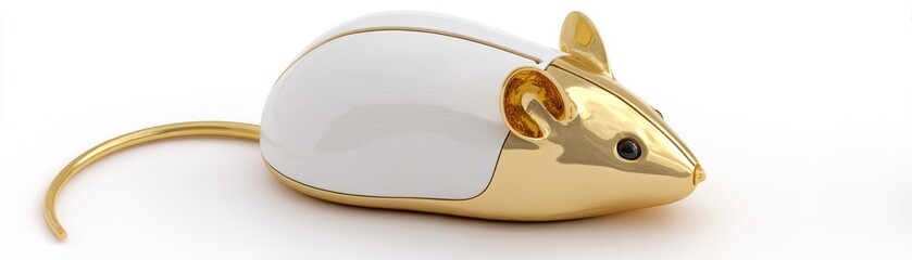 Poster - A sleek, gold and white computer mouse shaped like a mouse with detailed ears and a tail on a plain white background, clean mouse