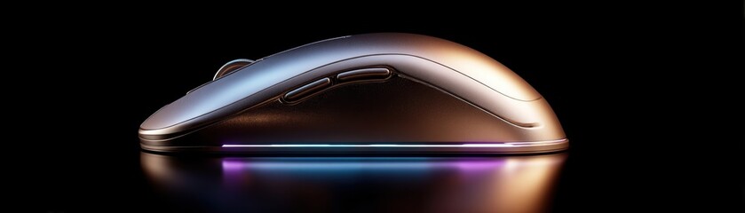 Poster - Sleek wireless computer mouse with a futuristic design, glowing LED lights, and a reflective surface against a dark background, clean mouse