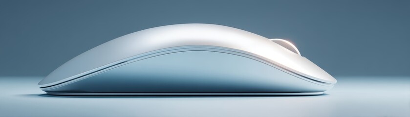 Poster - A sleek, modern wireless computer mouse with smooth curves on a minimalist surface against a soft blue background, clean mouse