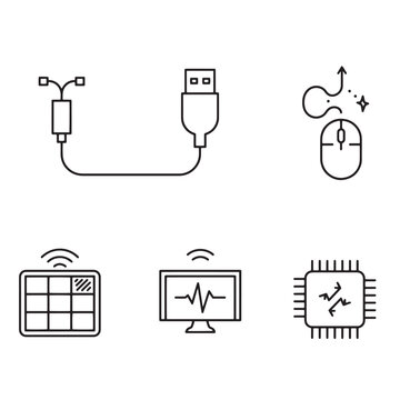 Set of modern minimalistic computer icons depicting connectivity and technological innovations