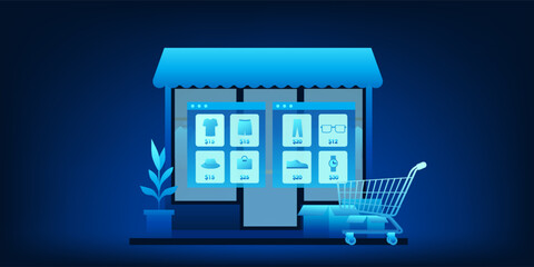 Poster - Online clothing store with a digital display showing clothes, prices and promotions. A shopping cart is located at the front, combining both the physical and digital retail experiences.