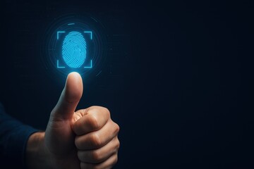 Poster - Fingerprint Approval: An illuminated fingerprint, centered above a hand giving a thumbs-up gesture, symbolizing acceptance or approval in a security context.