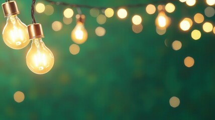 Poster - Light bulbs glowing cozy, suspended softly, blurred green backdrop, emanating against inspiring ambiance