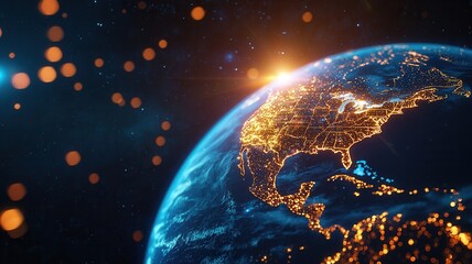 Poster - North and city america glowing at night on planet earth rotating in space, seen from space central with lights