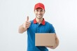 © DP - Friendly courier with package showing thumbs up – generative AI