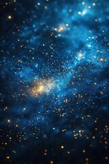 Abstract blue and gold nebula with sparkling stars.