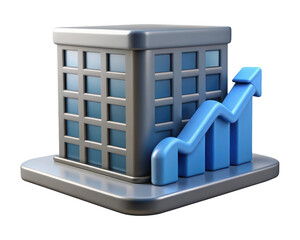 Poster - 3d office building icon with rising graph on base representing financial growth and corporate success with background